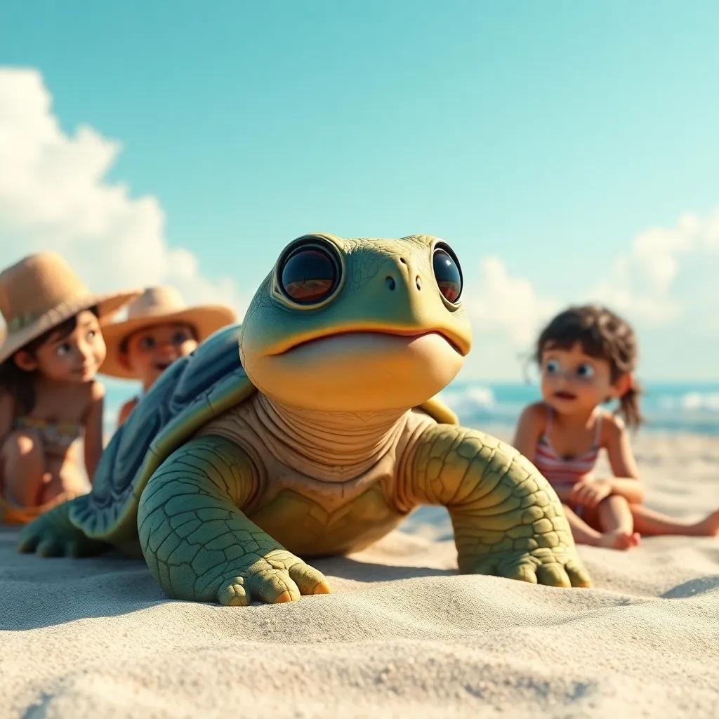 Una tortuga anciana con lentes, hablando con los niños, sentados alrededor de ella en la playa, disfrutando del sol, arte digital, cálido, amigable, vista cercana, alta calidad