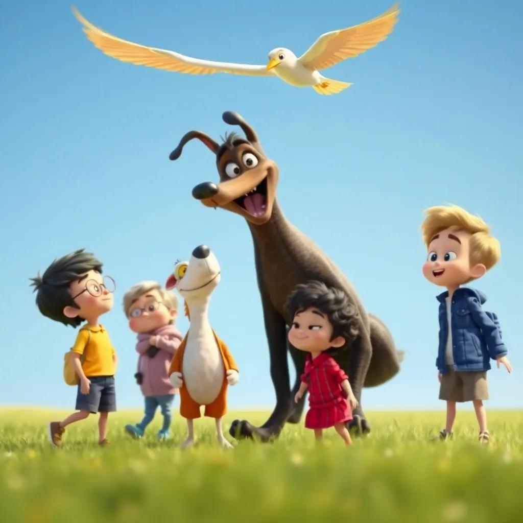 Un grupo mixto de niños y animales, un perro ladrando con entusiasmo y un loro volando sobre ellos, planeando un plan juntos, imagen divertida, alegre, animada, alta calidad