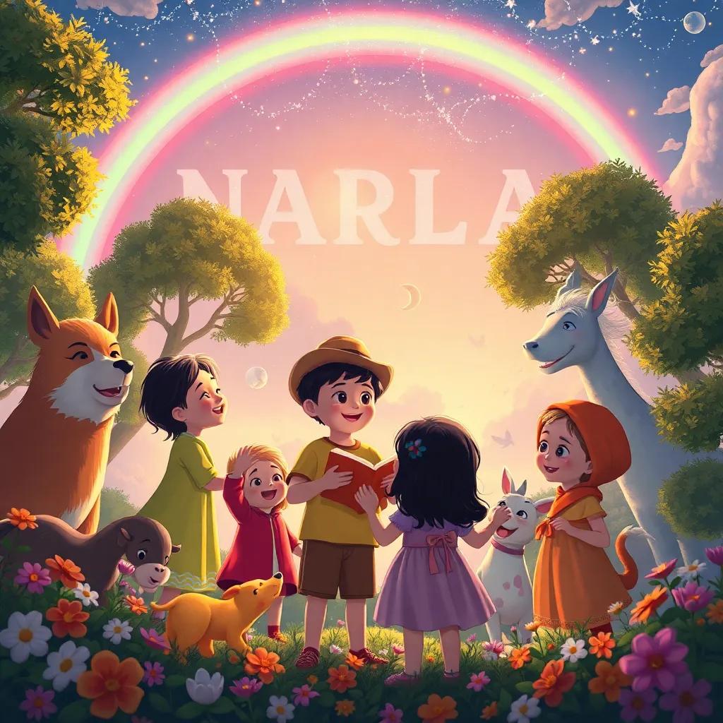 Los niños y los animales cantando juntos, rodeados de flores y árboles, con un gran arco iris en el cielo, ilustración mágica, llena de color, perspectiva de celebración, alta calidad