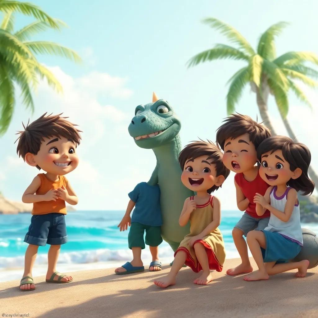 Un grupo de niños y el monstruo riendo y jugando juntos, en un paisaje de isla con palmeras y océano, esencia de amistad, alegría en el ambiente, alta calidad