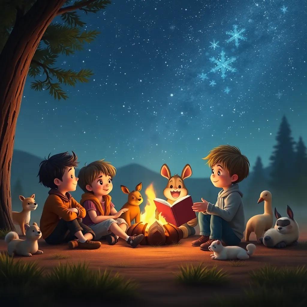 Los niños y los animales sentados alrededor de una fogata, bajo un cielo estrellado, contando historias y riendo juntos, arte digital, cálido, acogedor, alta calidad
