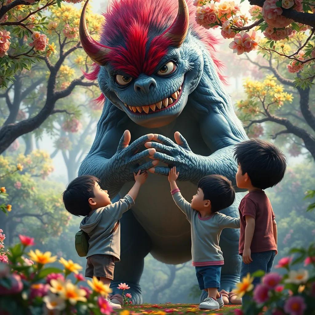 Los niños y el monstruo haciendo un lazo de manos, rodeados de árboles y flores, un gran símbolo de unidad, perspectiva emotiva, arte digital, vibrante y colorido, alta calidad