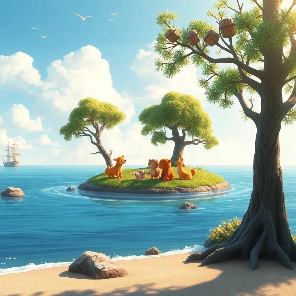 Una hermosa escena de la isla, con el mar, los árboles y los animales juntos, celebrando la amistad, un lugar mágico, arte digital frío, lleno de amor y alegría, alta calidad