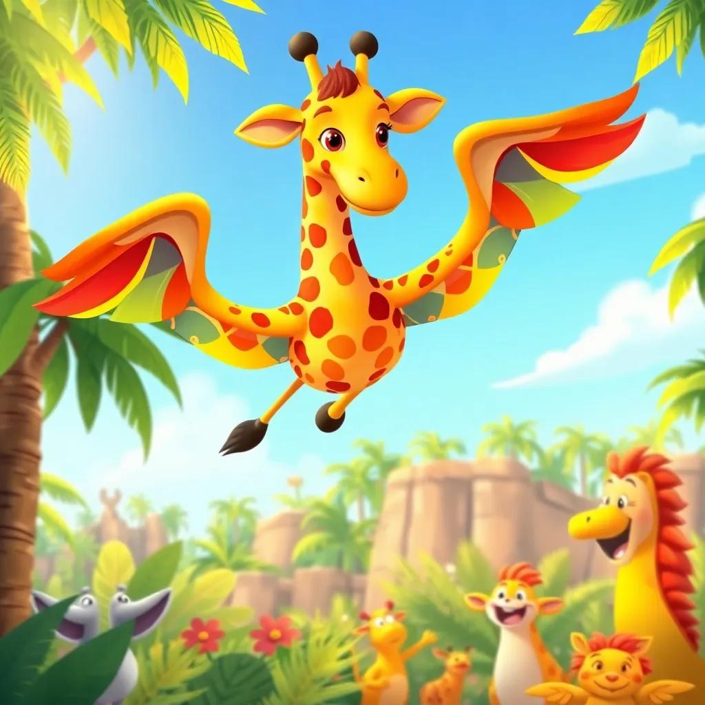 A colorful giraffe named Gina with large, paper wings flying over a sunny jungle, with other animals cheering below, joyful atmosphere, vibrant colors, children's book illustration, high quality