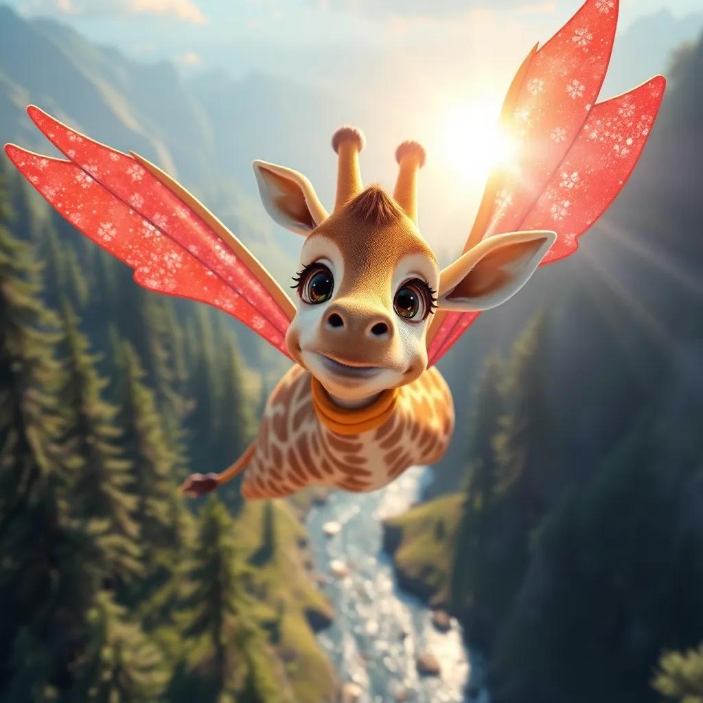 A close-up of Gina the giraffe flying with her shiny paper wings, smiling as she soars above tall trees and sparkling rivers, radiant sunshine, cheerful expression, fantasy scene, digital art, high quality