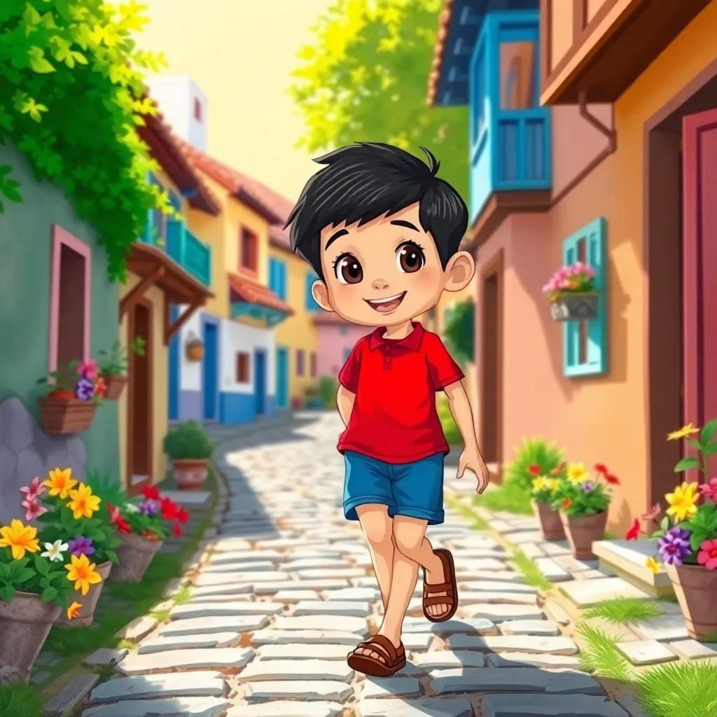 A young boy, Nicolás, with short dark hair, wearing a bright red shirt and blue shorts, walking down a cobblestone path in a small village, surrounded by colorful houses and flowers, cheerful atmosphere, bright sunlight, digital art, vivid details, heartwarming view