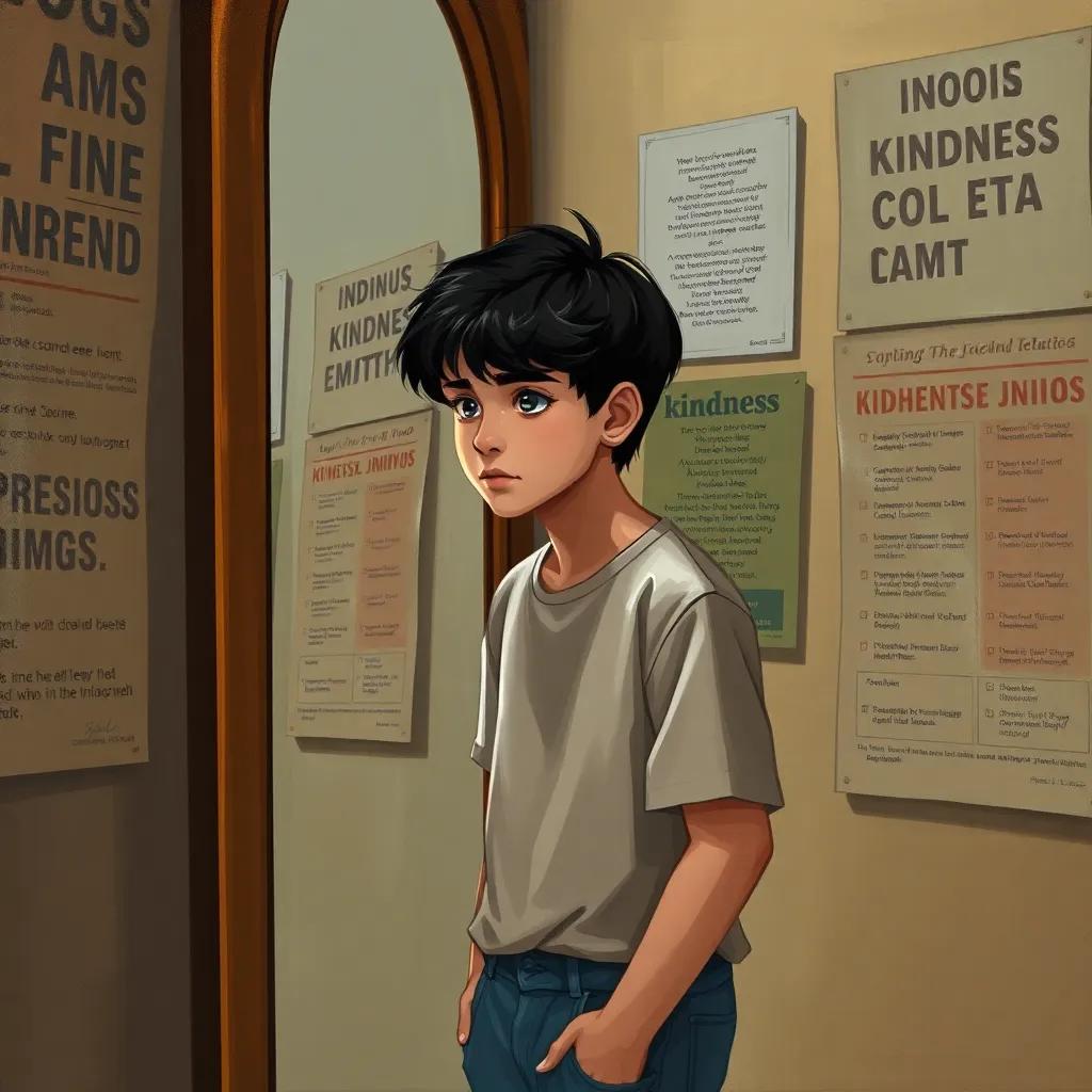 José, a teenage boy, with short black hair, wearing a t-shirt and jeans, looking at his reflection in a mirror with a thoughtful expression, surrounded by posters about kindness and empathy, soft lighting, introspective, warm colors, dynamic perspective.