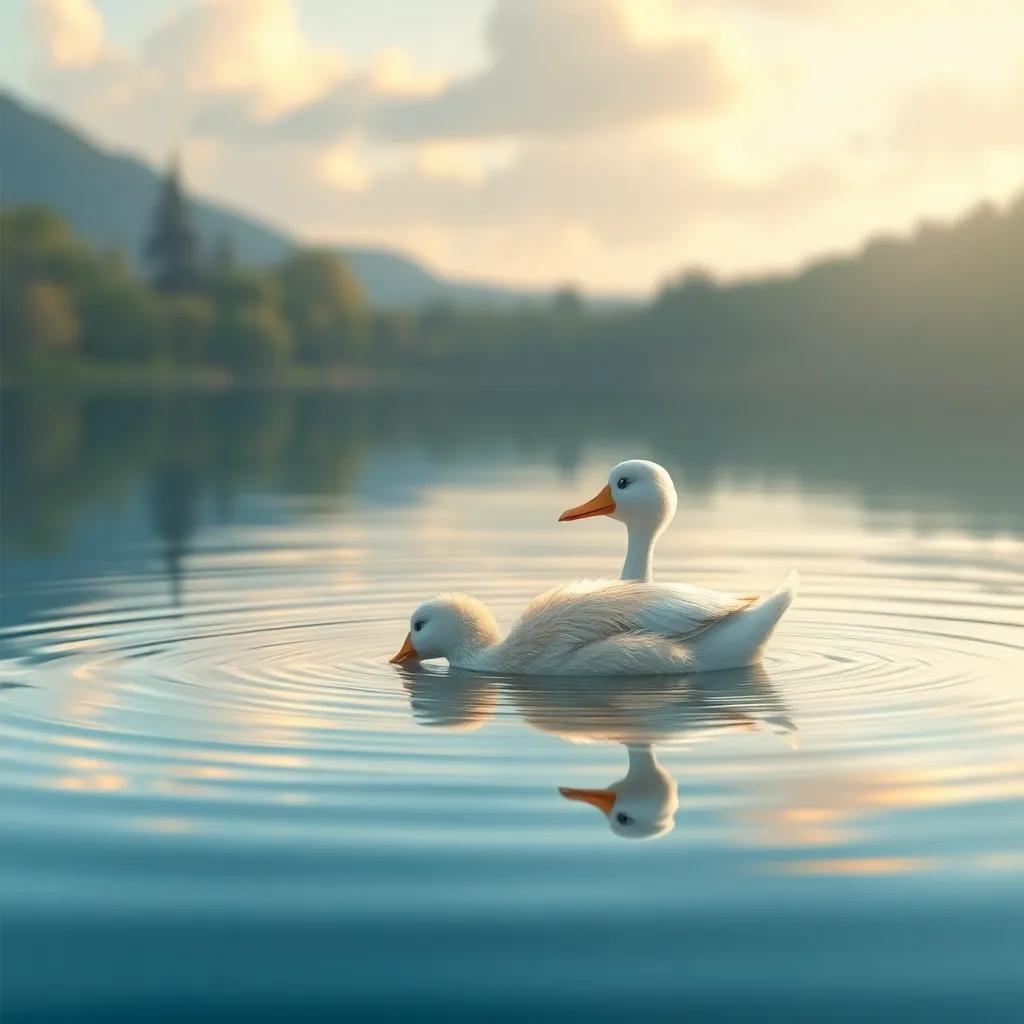 Un pato nadando en el lago, mirando a Lía con curiosidad, reflejándose en el agua clara, digital art, colores suaves, alegre, alta calidad