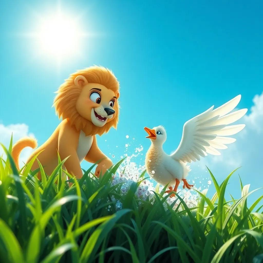 Lía la leona y el pato saltando en la hierba, llenos de energía, bajo un sol brillante y un cielo azul, digital art, vibrante, alegre, alta calidad