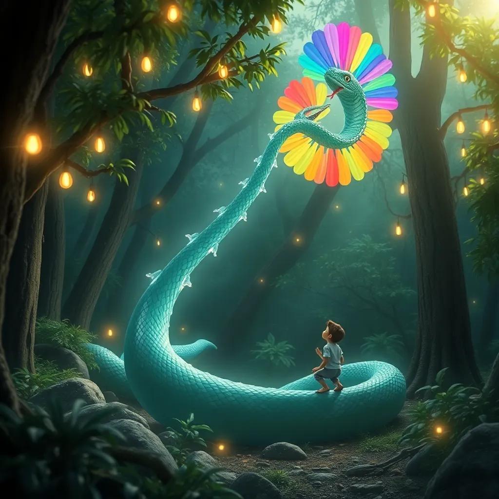 Un claro brillante en el bosque con una serpiente emplumada con plumas coloridas, descendiendo entre luces suaves, con Miguel mirando con asombro, arte digital, detallado, mágico, atmósfera de cuento de hadas
