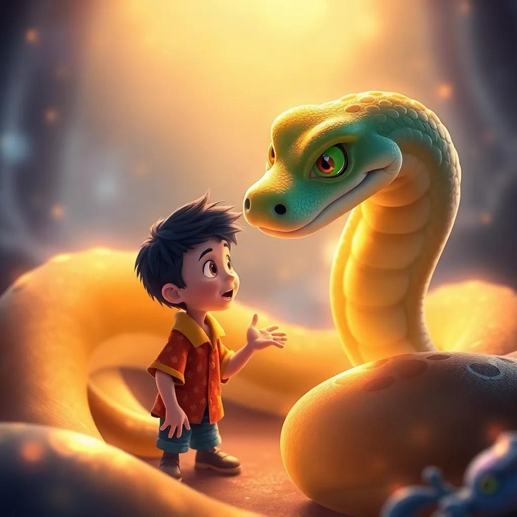Miguel y la serpiente emplumada hablando en un entorno mágico, Miguel con ojos brillantes de sorpresa, la serpiente tiene plumas relucientes y ojos amables, cálida luz dorada, ilustración encantadora, perspectiva cercana