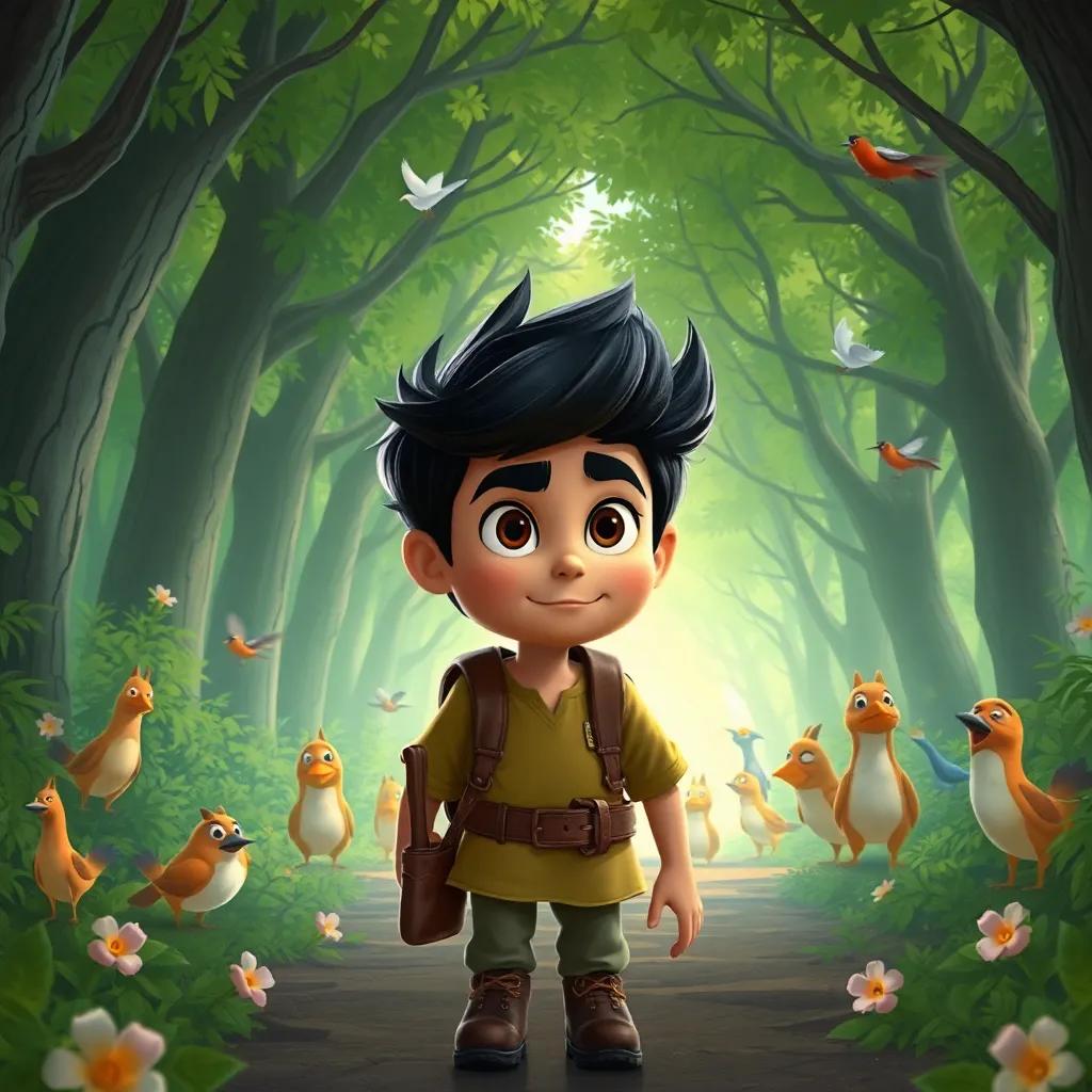 Un camino secreto en el bosque, lleno de seres del bosque como conejos y aves, Miguel liderando el grupo, con una expresión decidida, fondo con árboles verdes y flores, ilustración vibrante, energía de aventura