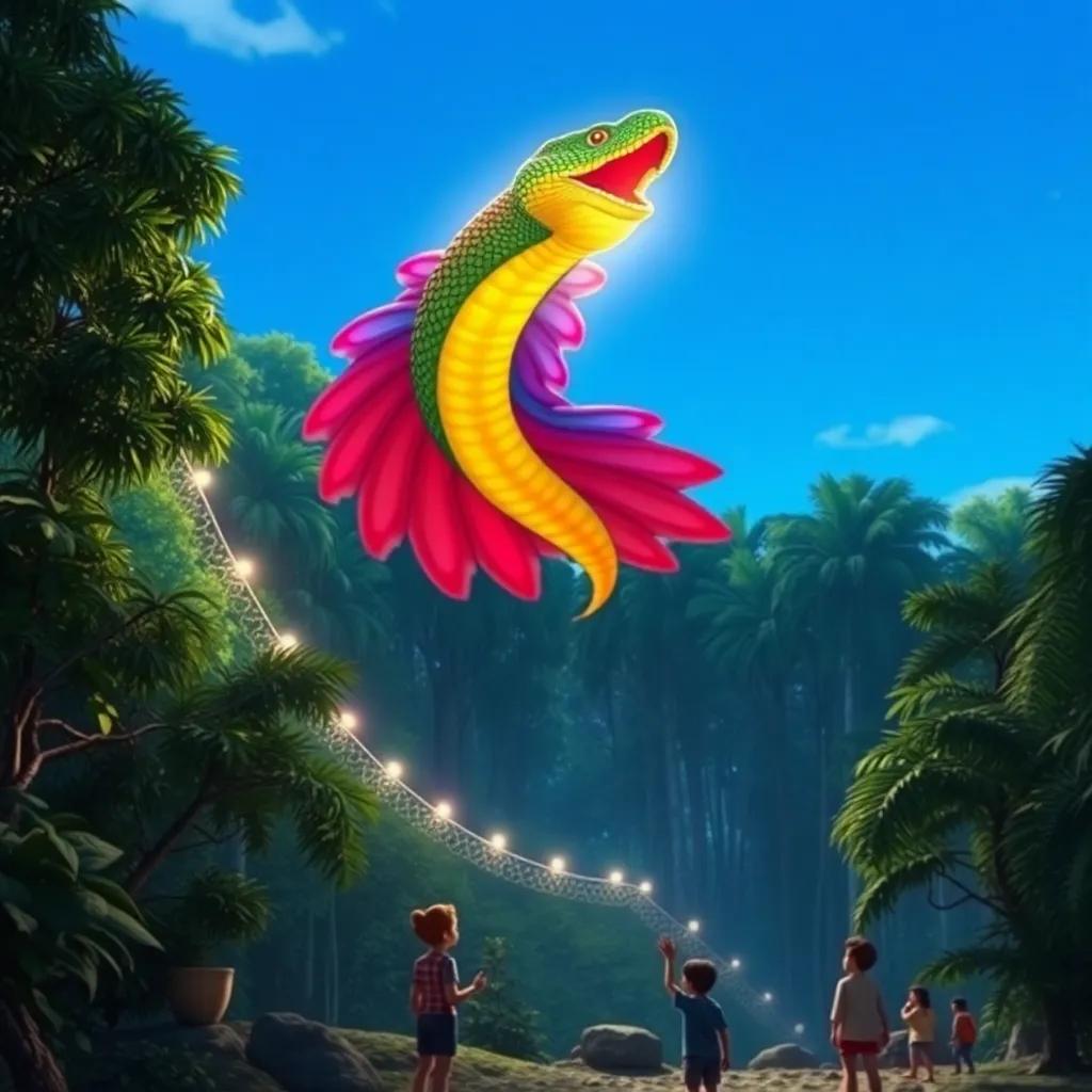 La serpiente emplumada sobrevuela el bosque, con plumas brillantes y coloridas, todos los aldeanos mirando con admiración, cielo azul claro, escena mágica, arte vibrante, perspectiva amplia