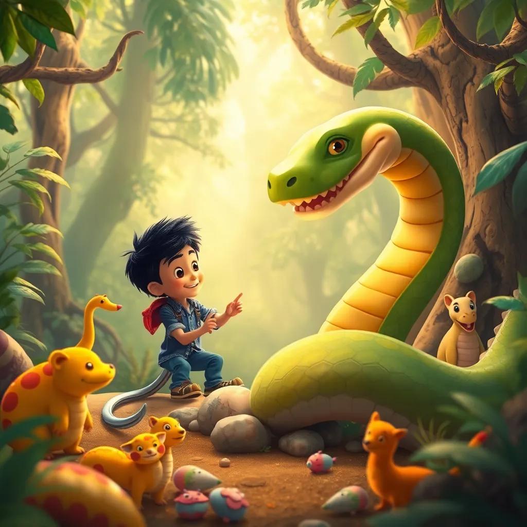 Miguel y la serpiente esbozando el plan para proteger el bosque, en un entorno lleno de colores, animales alrededor, Miguel sonriendo con confianza, arte infantil, cálido y amistoso