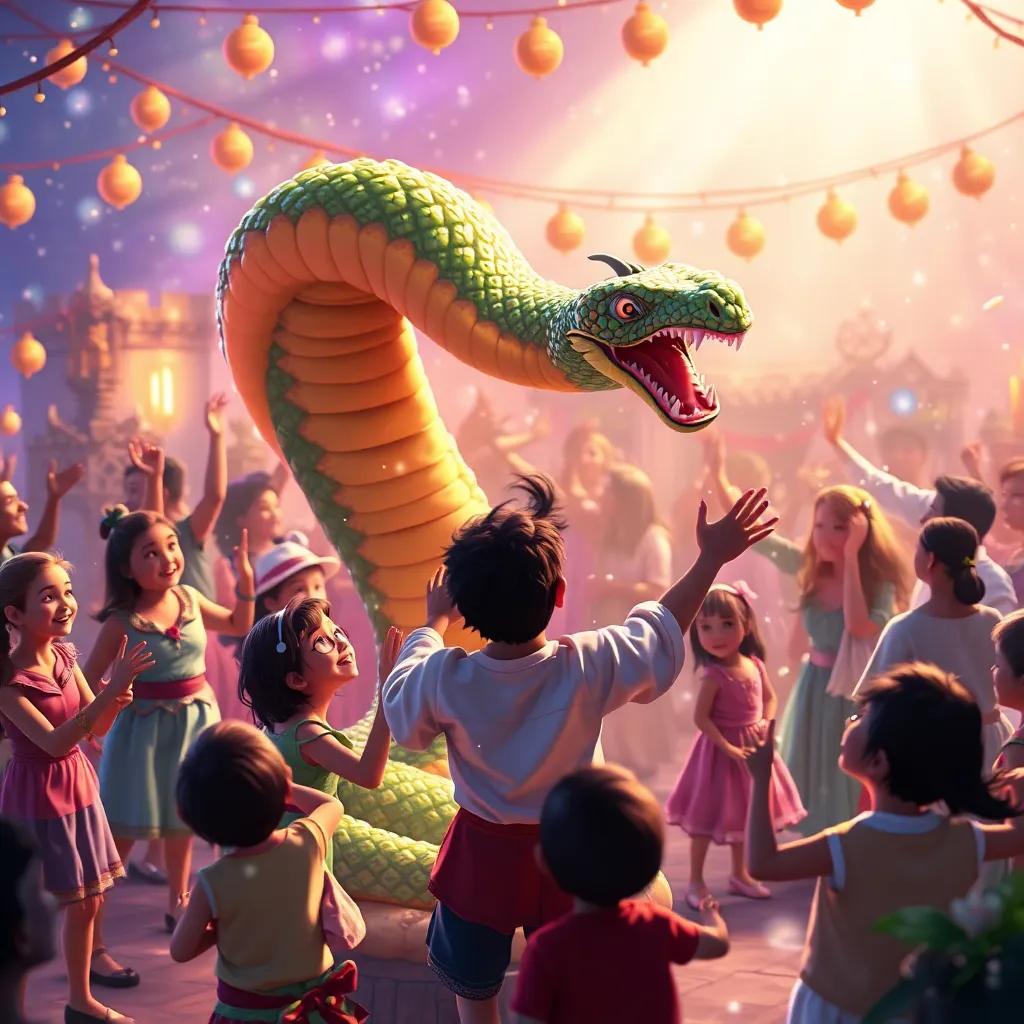 Aldea celebrando el día de la serpiente emplumada con baile y música, niños riendo y personas disfrutando, Miguel liderando la celebración, fondo brillante y festivo, arte digital, ambiente festivo