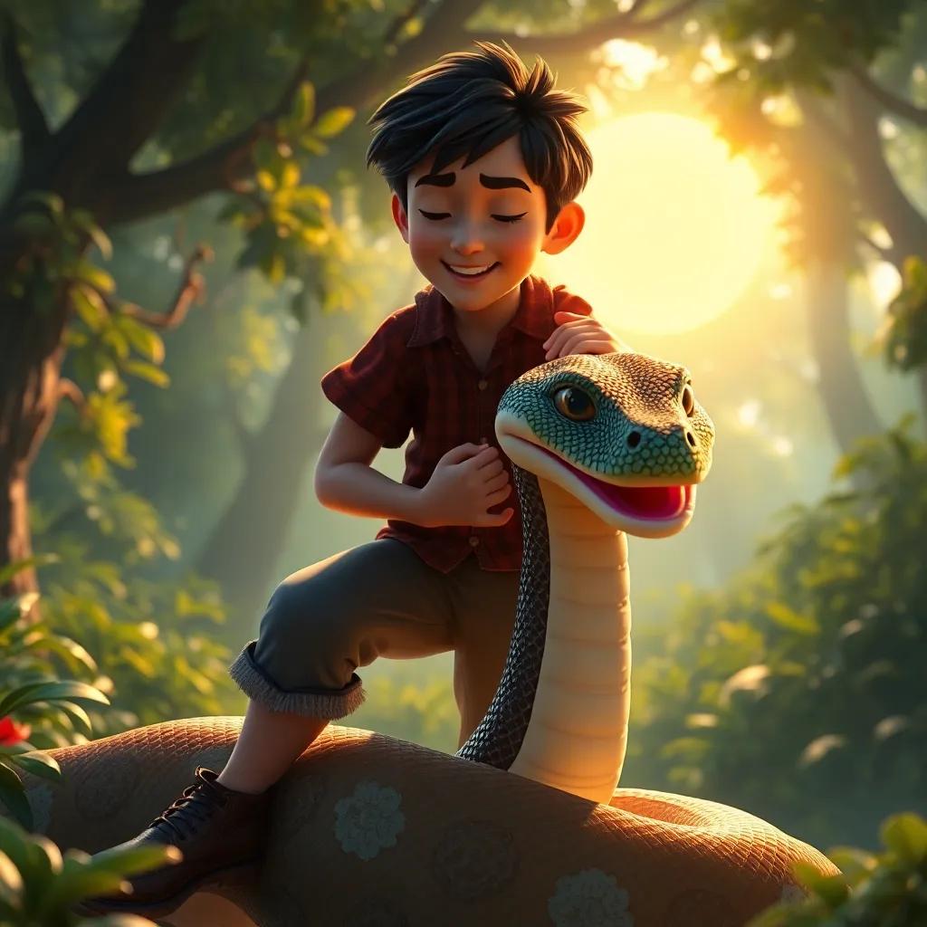 Miguel con la serpiente emplumada, posando para una última escena, ambos sonriendo, el bosque hermoso detrás, luz del sol dorada, arte brillante, sentimiento de felicidad y esperanza