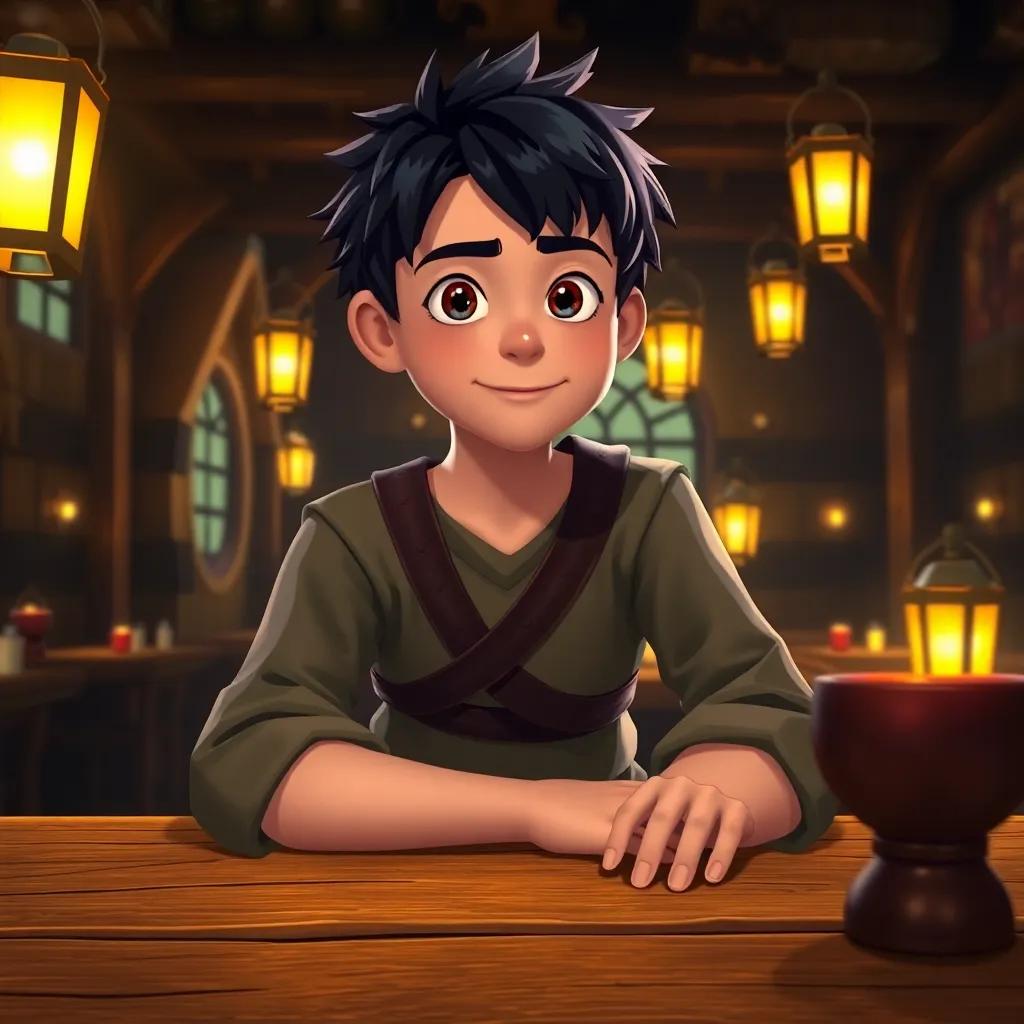 A young swordsman, Risk, with short black hair, wearing a simple tunic and baggy trousers, resting at a tavern table, with a warm light from the lanterns around, digital art, lively atmosphere, child-friendly