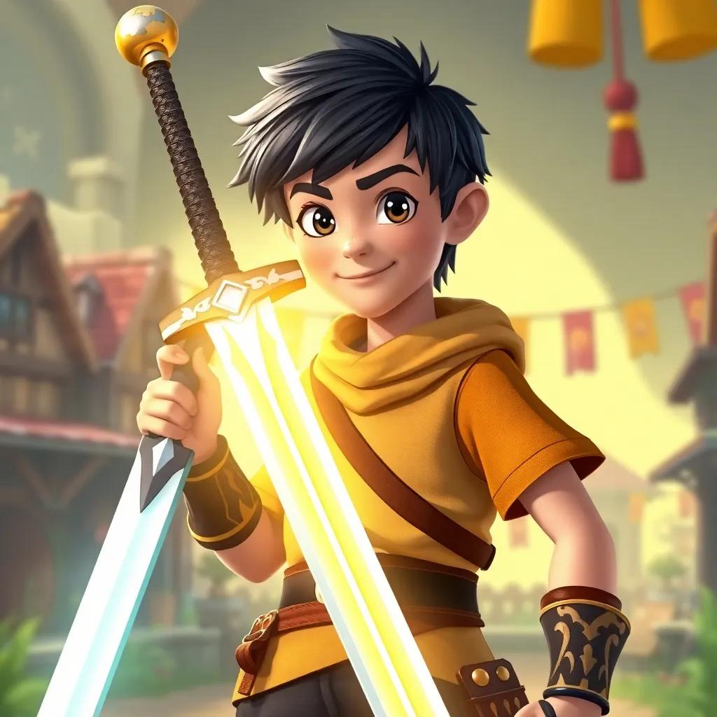 Risk, a young swordsman, with short black hair, holding a shining sword named 'Luz del Alba', standing proudly as he prepares to embark on his quest in a lively village, bright light, heroic spirit, colorful, cheerful