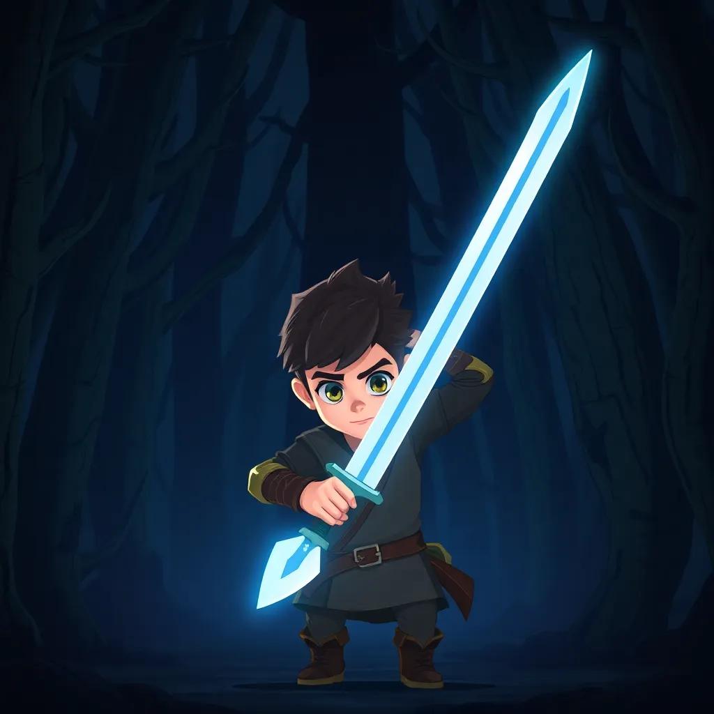 Risk, a brave young swordsman, entering a dark forest filled with looming trees and strange shadows, with a determined expression, magical glow from his sword, suspenseful atmosphere, fantasy illustration