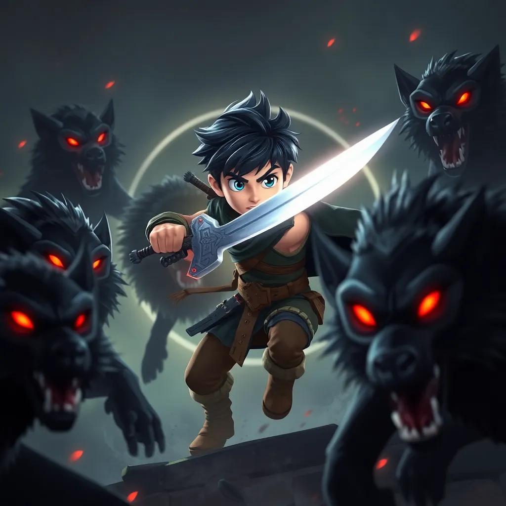 Risk, a young swordsman, caught in a fierce battle with black wolves with glowing red eyes, wielding 'Luz del Alba', highlighted bright light around him, action-packed scene, dynamic movements, cartoonish style