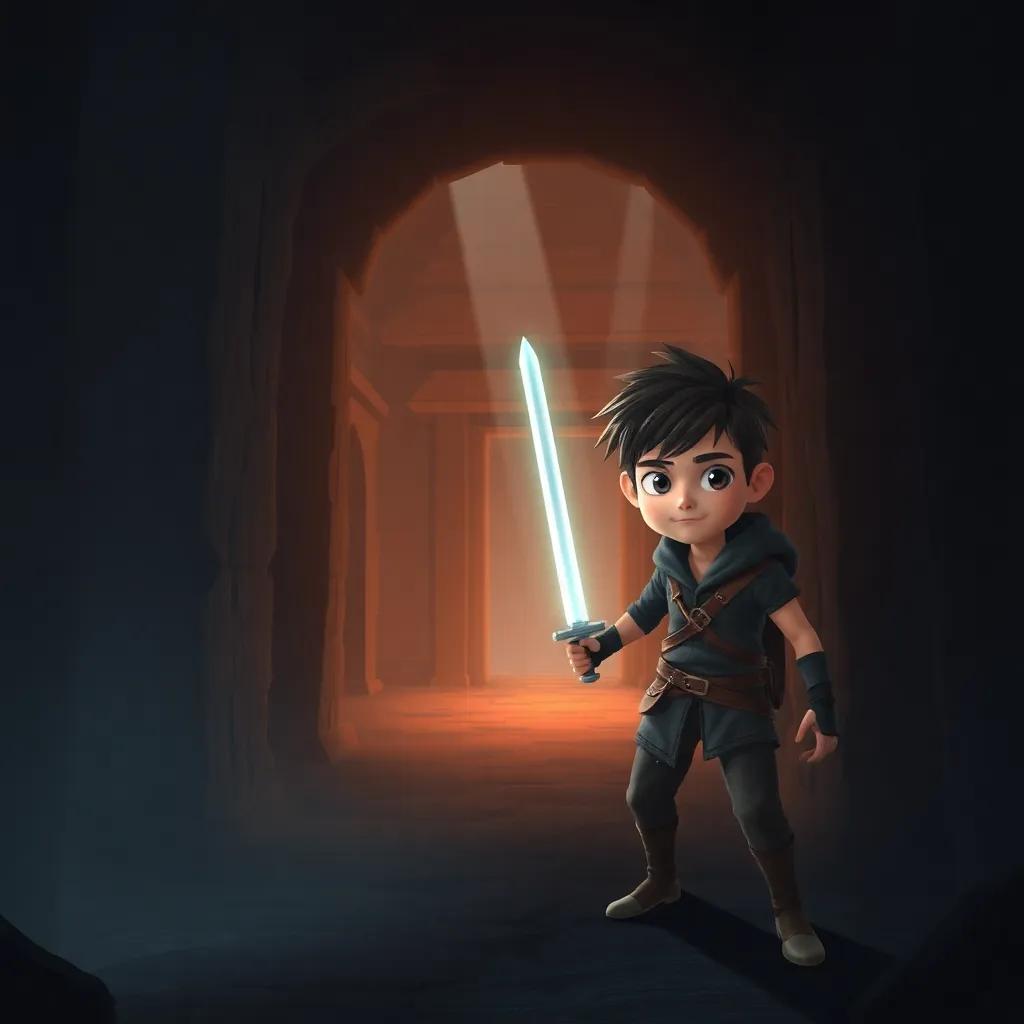 A hidden ancient temple with dark hallways and mysterious shadows, Risk, a young swordsman, exploring cautiously inside, highlighting his brave expression and the glowing sword, fantasy setting, intriguing