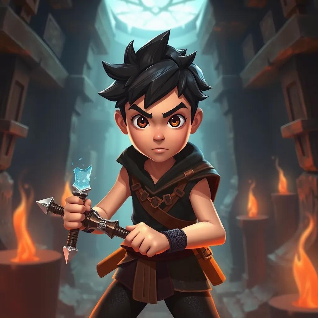 Risk, a young swordsman, solving riddles amidst dark rooms in the temple, surrounded by traps with a focused expression, showing determination, animated style, engaging