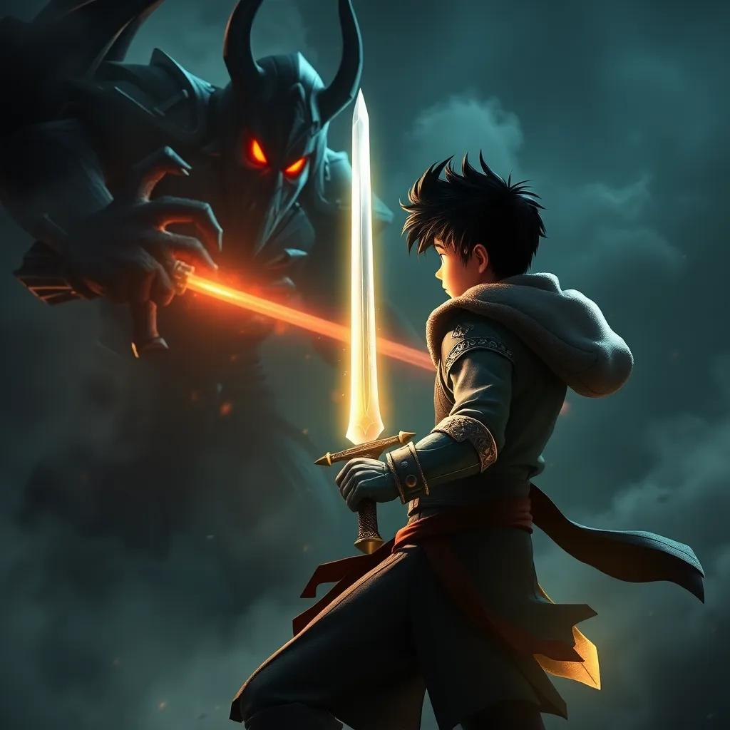 Risk, a brave young swordsman, facing the Shadow Guardian, with dark mist swirling around and an intense battle scene, his glowing sword striking at the creature, epic confrontation, dramatic lighting