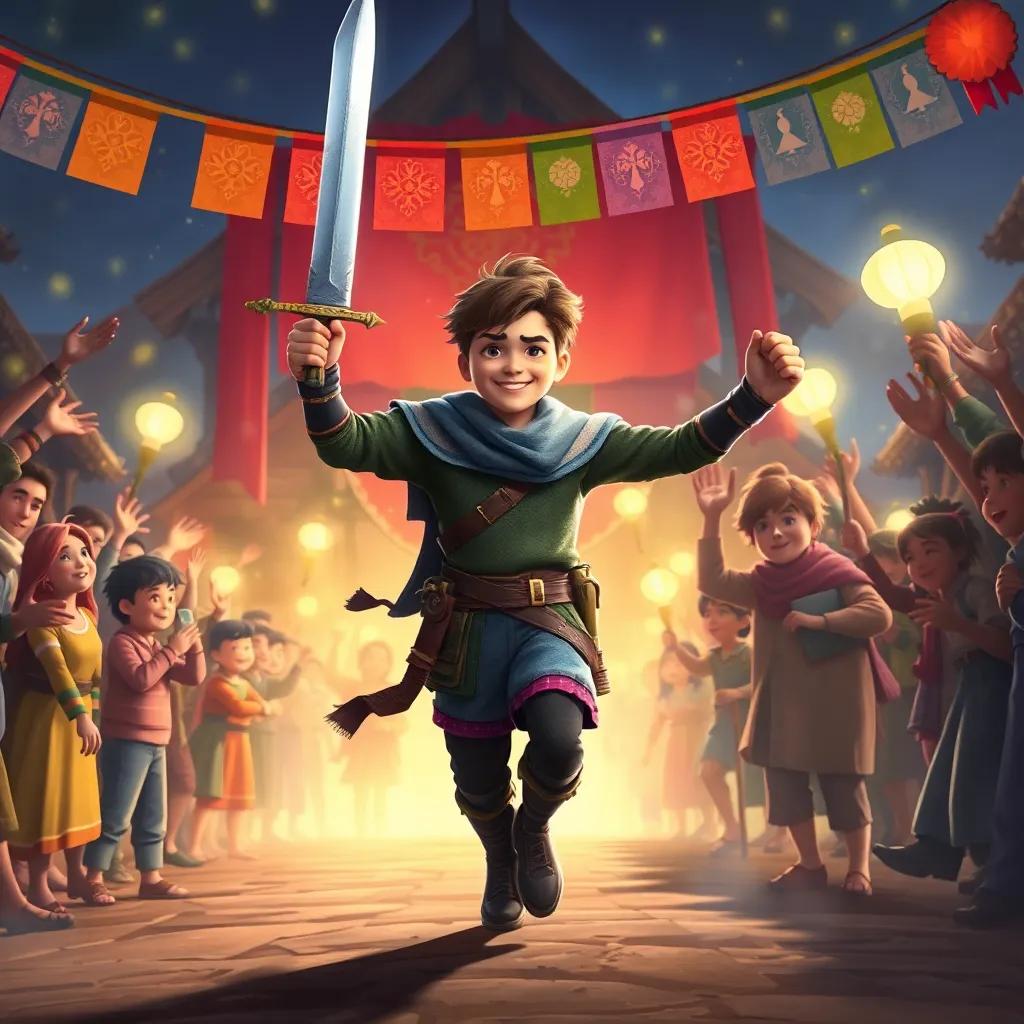 Risk, a victorious young swordsman, returning to the village, greeted by joyful villagers celebrating his triumph, colorful banners and bright lights, joyful scene, uplifting