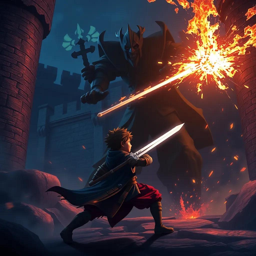 Risk, a young swordsman, battling the dark sorcerer in a daunting fortress, with swords clashing and sparks flying, a dramatic night scene, powerful exchanges, animated style