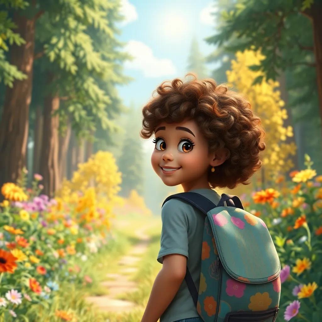 A sunny day with Clara, a young girl with curly hair, wearing a backpack with bright patterns, exploring a lush forest filled with colorful flowers and trees, digital painting, cheerful atmosphere, warm light, high quality