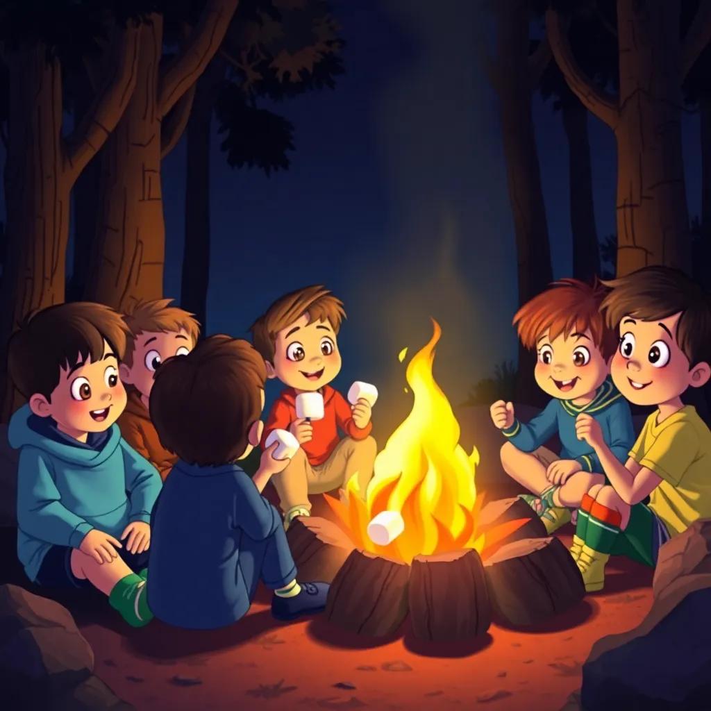 A group of children sitting around a campfire at night, roasting marshmallows and sharing scary stories, with wide eyes and smiles, surrounded by dark trees and glowing firelight, cozy illustration, dark and vibrant tones, friendly warmth