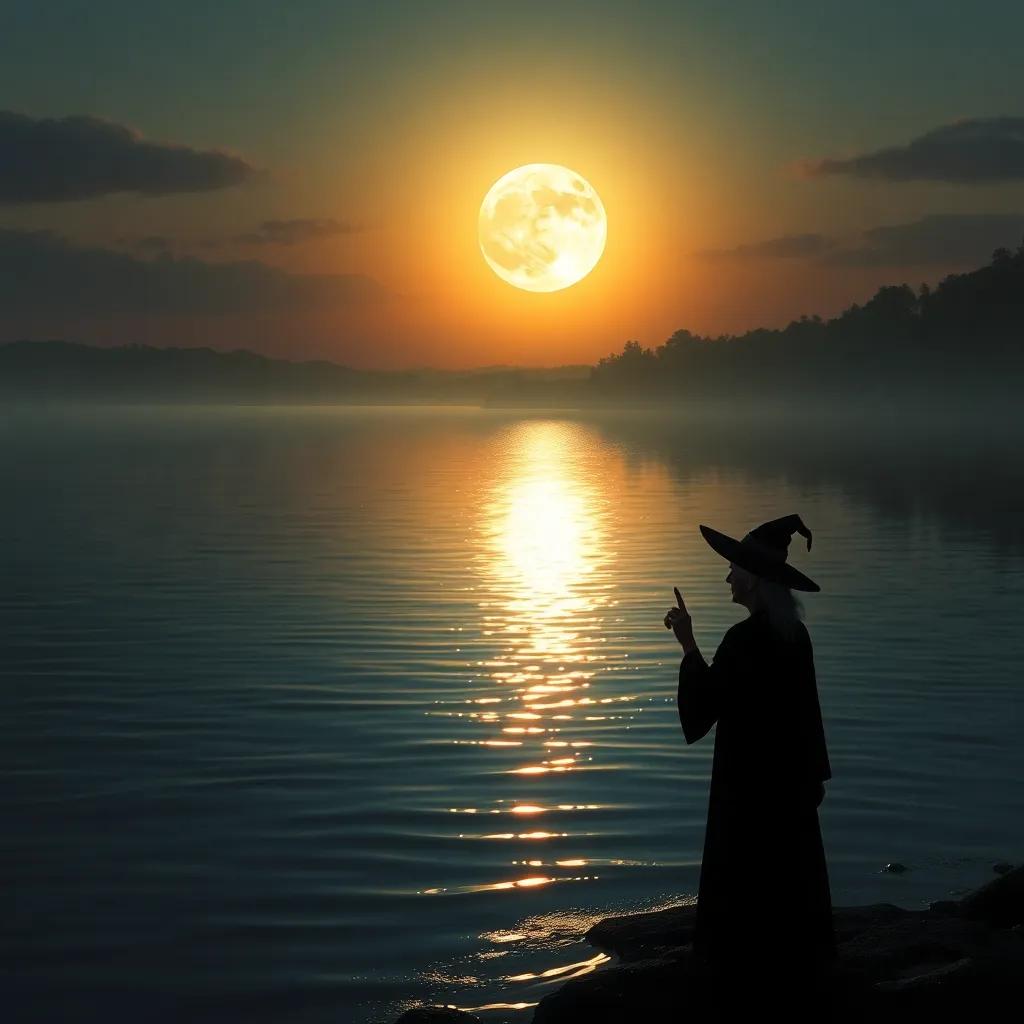 A mysterious lake at dusk, with shimmering water reflecting the moon, a silhouette of a wise-looking old witch at the water's edge beckoning with her finger, ethereal light, magical atmosphere, enchanting art