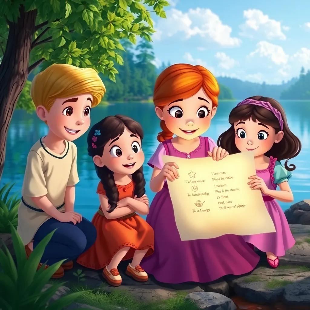 Clara and her friends discovering a magical piece of paper by the lake, with symbols and rhymes glowing, their expressions are curious and excited, surrounded by nature, whimsical style, bright colors, engaging imagery