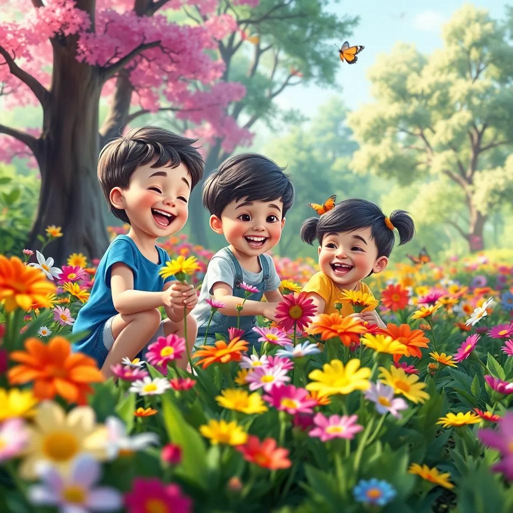 Children picking colorful flowers in a vibrant forest, smiling and laughing, with trees and butterflies around, joyful and lively scene, digital art, bright and inviting colors, capturing the moment