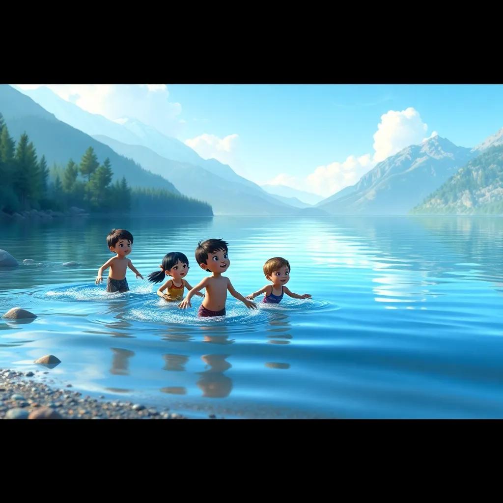 A serene lake scene where children courageously wade into the water, with a backdrop of mountains and trees, showcasing bravery and determination, soft lighting, colorful and clear visualization