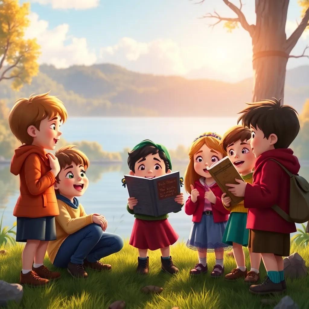 The children gathering together near the lake, energetically reading the witch's riddle, with excitement on their faces, showing unity and friendship, bright morning light, rich colors, heartwarming perspective