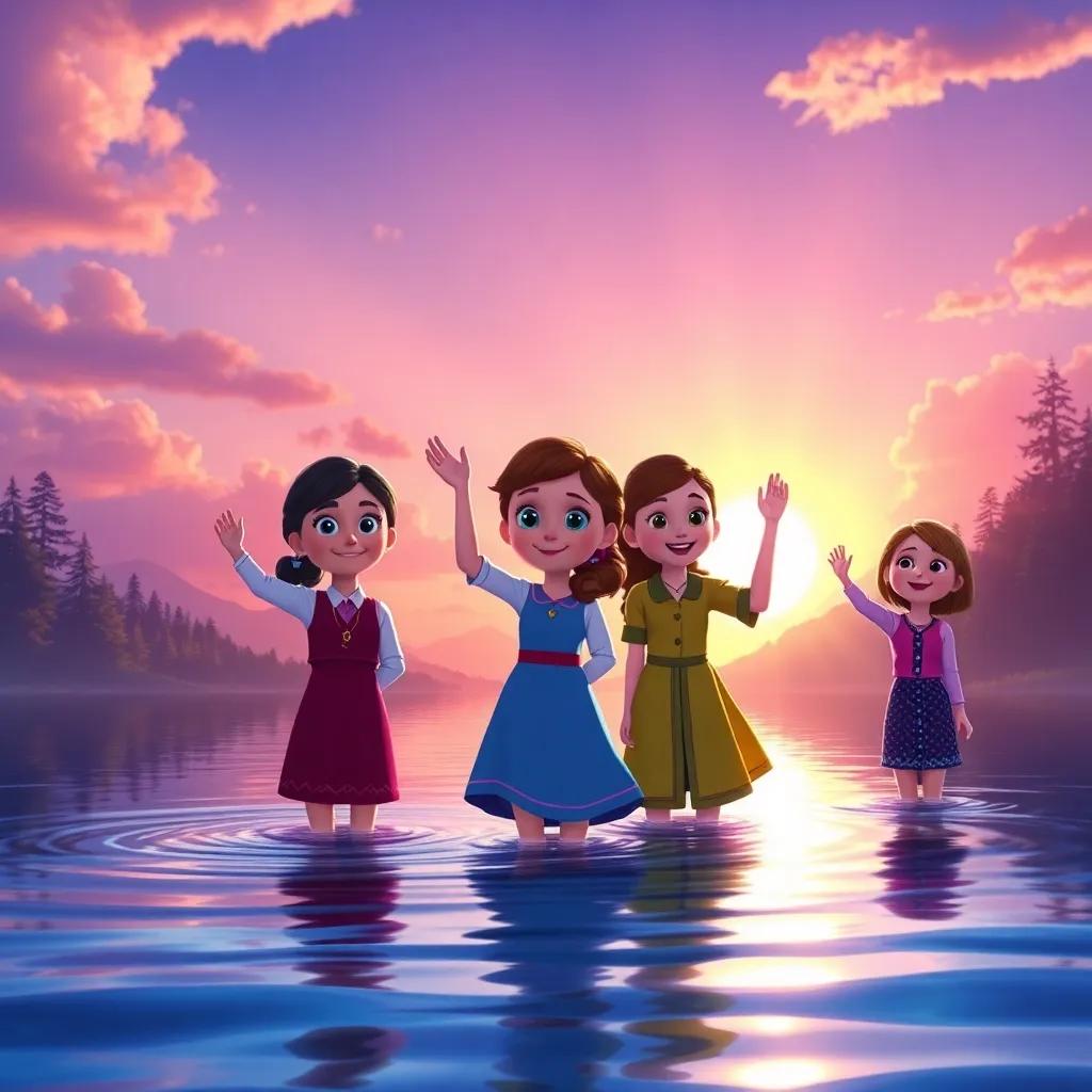 A radiant sunrise over the lake, as Clara and her friends wave goodbye to the now-peaceful waters, happy expressions, reflecting a sense of achievement and friendship, uplifting light, warm colors, inviting end scene