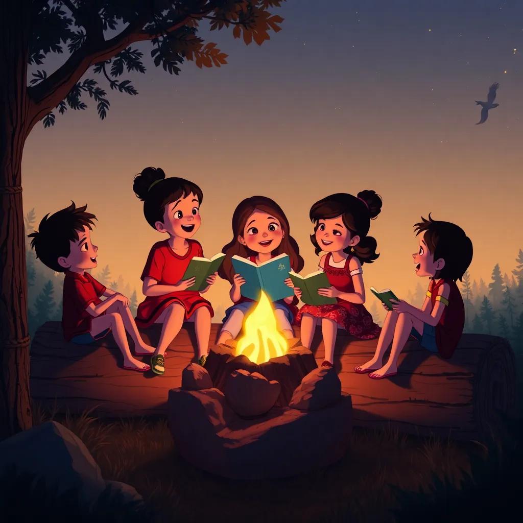 An illustration of Clara with her friends, sitting on a log, sharing stories and laughing around the campfire, their silhouettes warm in the light, creating a sense of togetherness, harmonious atmosphere