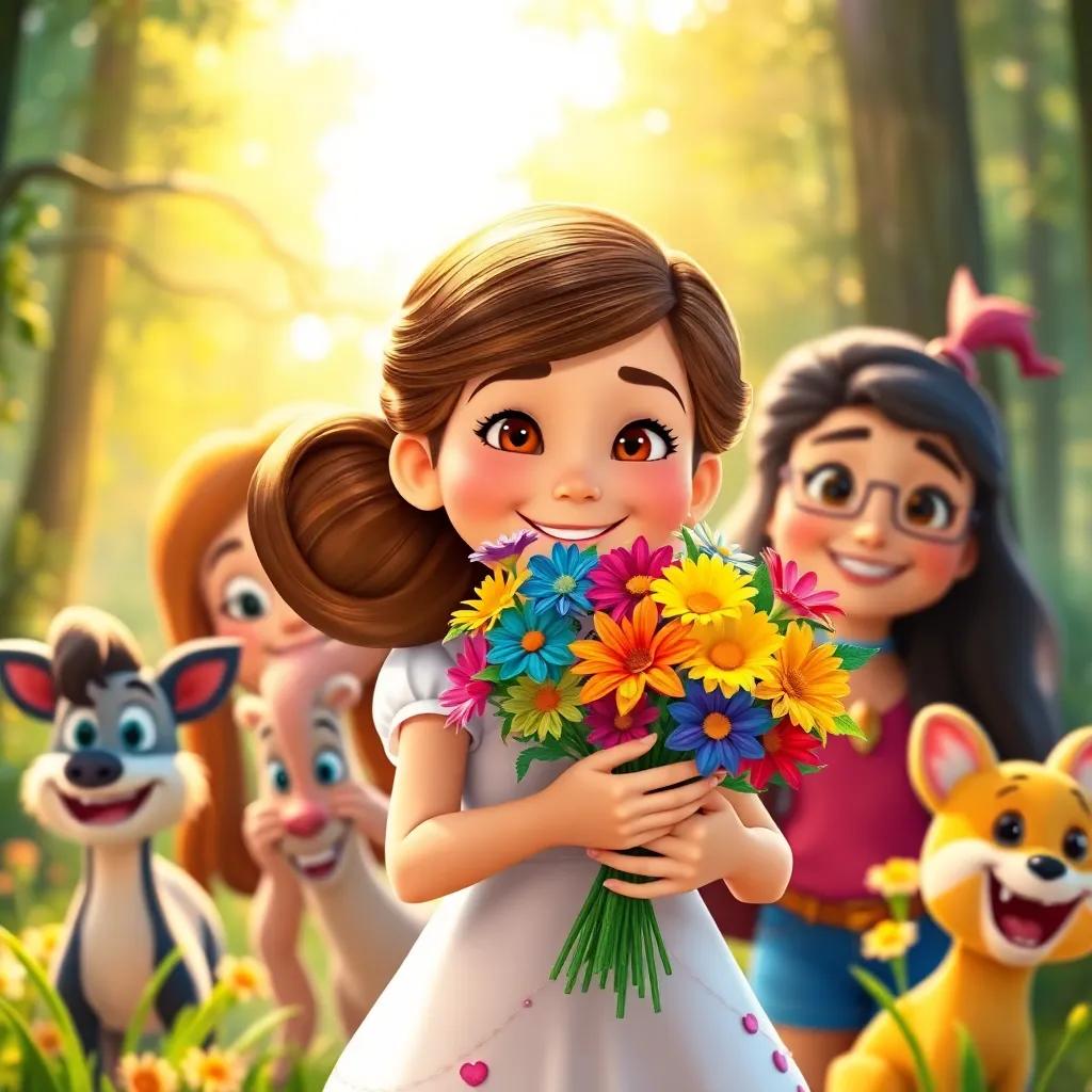 Clara holding a bouquet of colorful flowers with a bright smile, surrounded by her friends, with the sunny forest in the background, radiating warmth and joy, cheerful and vibrant, celebrating their adventure.