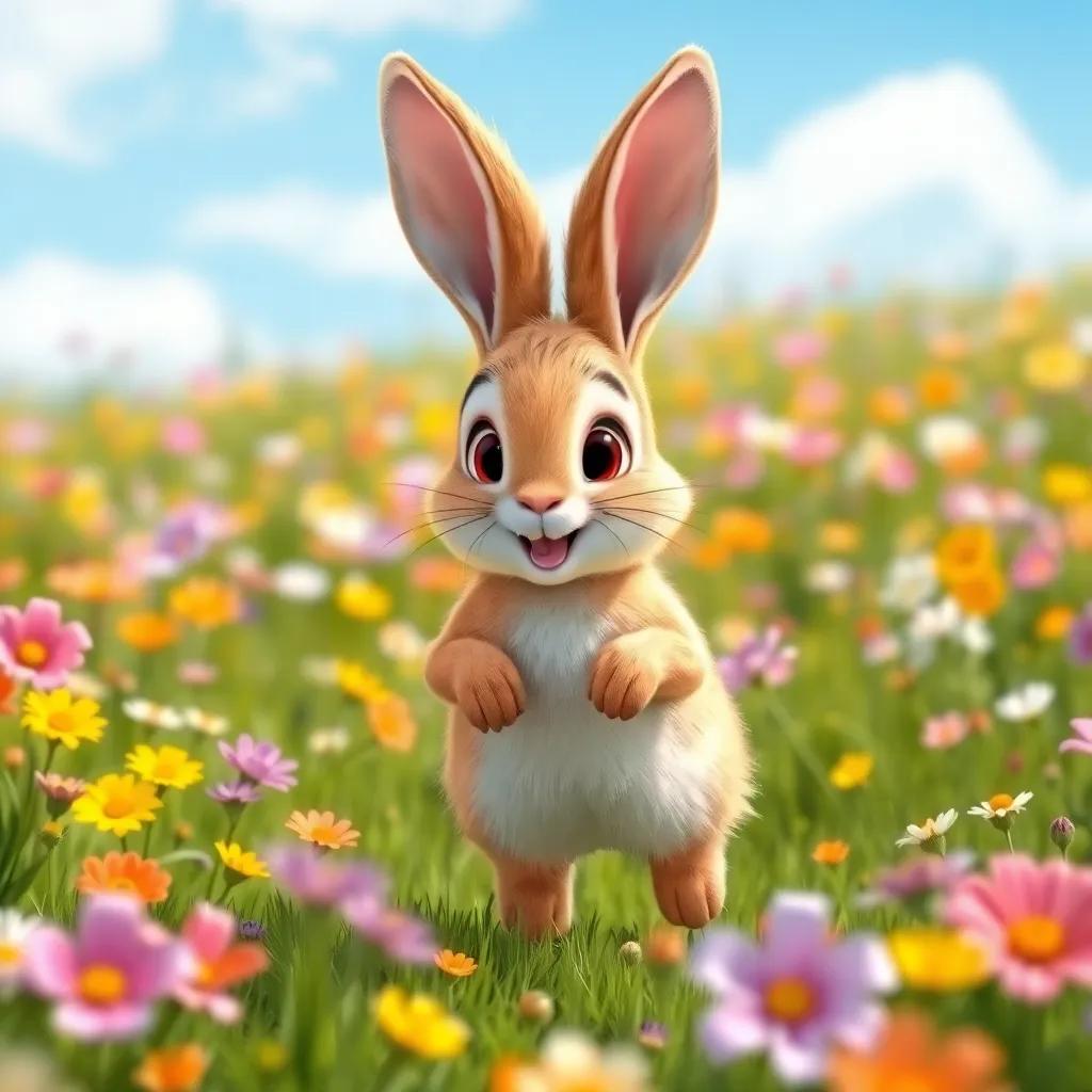 A happy hare, with fluffy fur and big ears, hopping in a vibrant spring meadow filled with colorful flowers, under a bright blue sky, digital art, cheerful and bright, inviting atmosphere, high quality