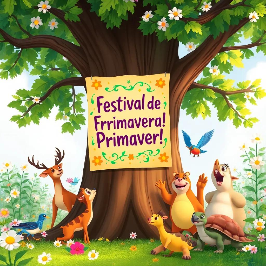 A colorful poster saying '¡Festival de Primavera!' attached to a large tree, surrounded by blooming flowers, with various animals like deer, birds, and turtles feeling excited, illustration, dynamic and joyful, child-friendly
