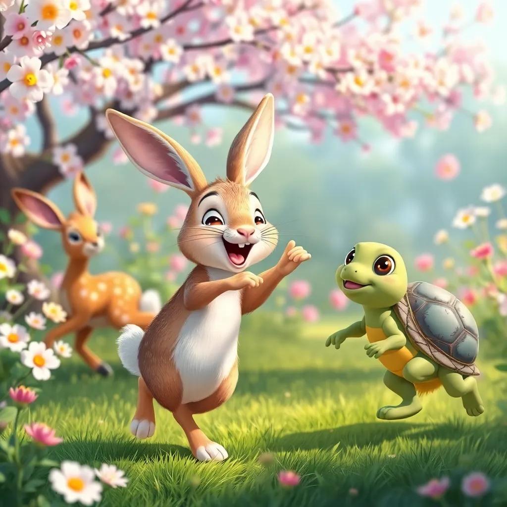 A joyful hare organizing games, with animals like a deer and a turtle participating in fun activities such as jumping and running, surrounded by blooming nature, vibrant and lively scene, digital painting, cheerful mood