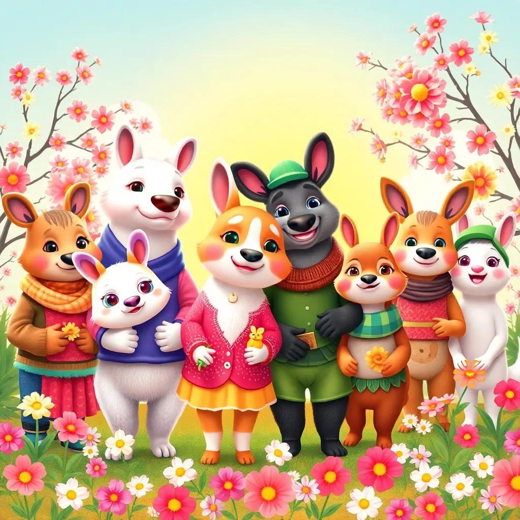 A group of animals dressed in colorful outfits, preparing for a spring festival, with flowers blooming and a sunny backdrop, seamless blend of nature and festivity, illustration, warm and bright, community spirit