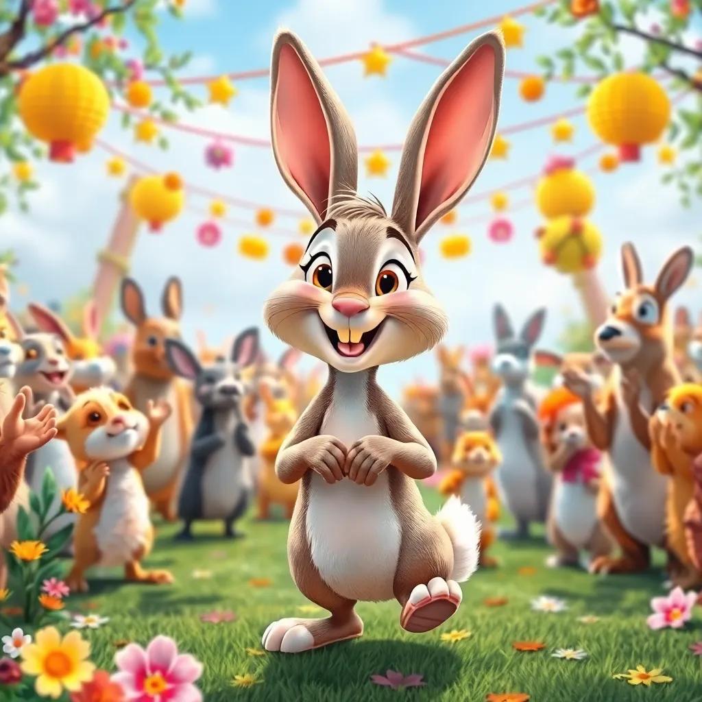 A cheerful hare welcoming all the animals, with a big smile, in a festive clearing filled with flowers and decorations, all animals applauding, happy gathering scene, digital art, lively and vivid colors