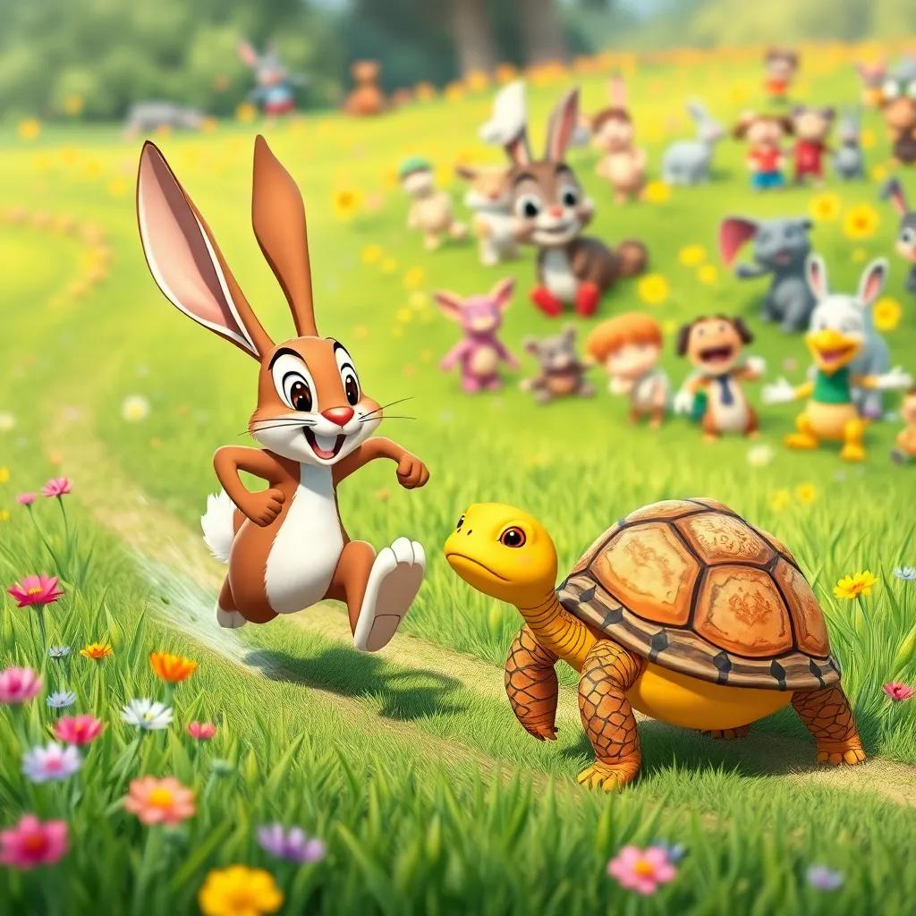 A thrilling race between a speedy hare and a slow turtle in a vibrant meadow, with excited animals cheering them on, capturing the fun atmosphere, cartoonish style, friendly competition