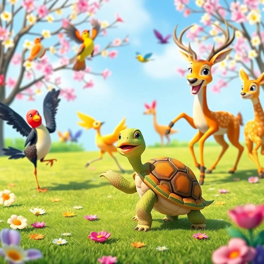 Fun dance competition with various animals like birds and deer dancing joyfully, with a slow turtle showing off its funny moves, positioned in a beautiful spring setting, vibrant and colorful, lively scene