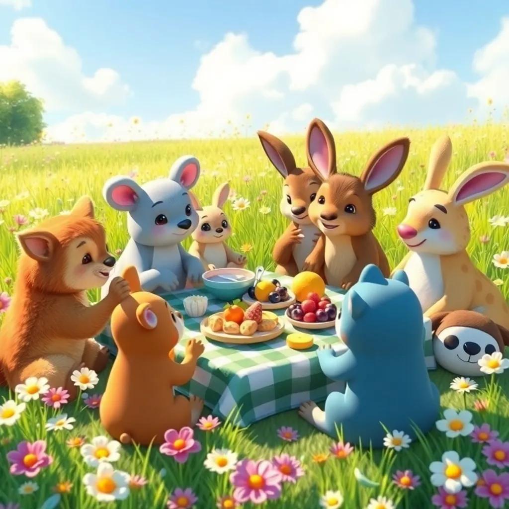A delightful picnic scene with all the animals sharing delicious fruits and sweets, sitting together in a sunny meadow, surrounded by blooming flowers and vibrant colors, heartwarming tableau, digital art, inviting and joyful