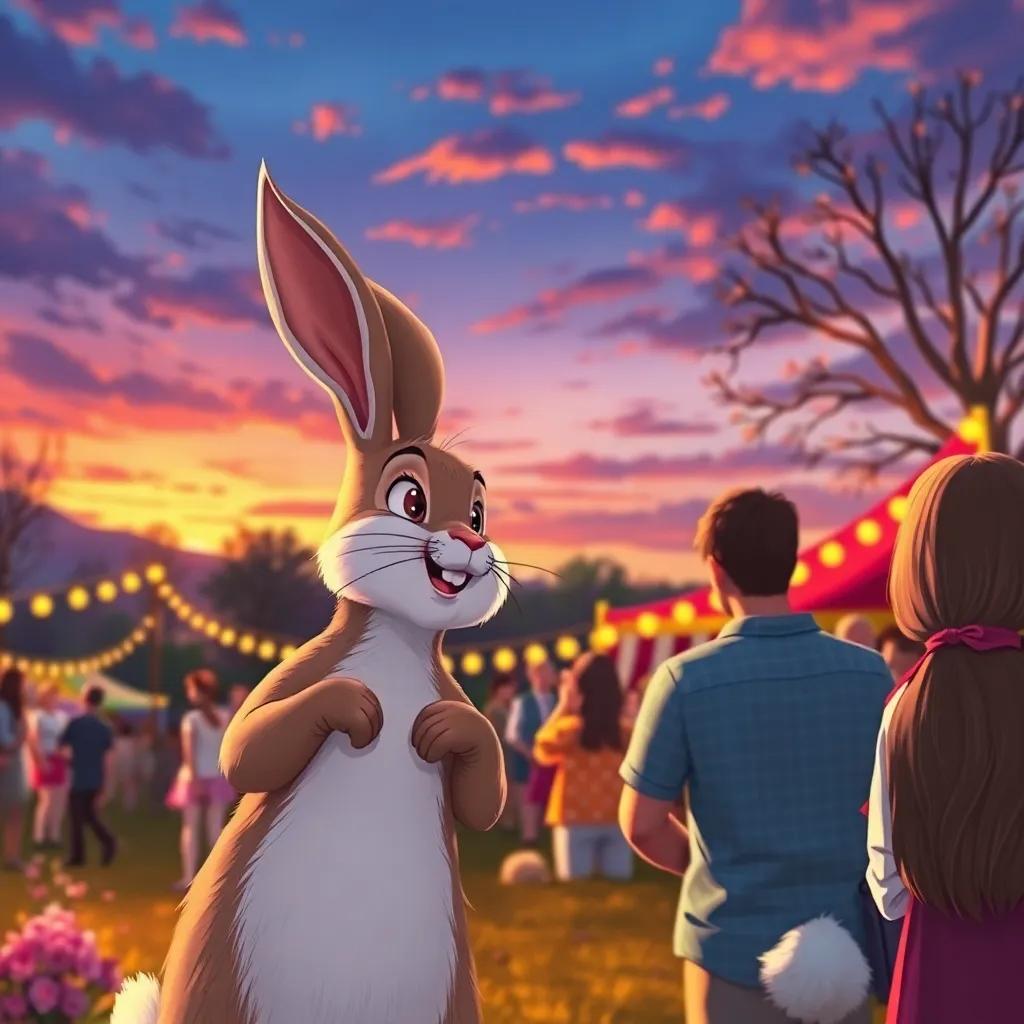 A happy hare looking at friends with appreciation at sunset, under colorful spring skies, feeling proud of organizing the festival, warm and inviting atmosphere, illustration, emotional and heartwarming