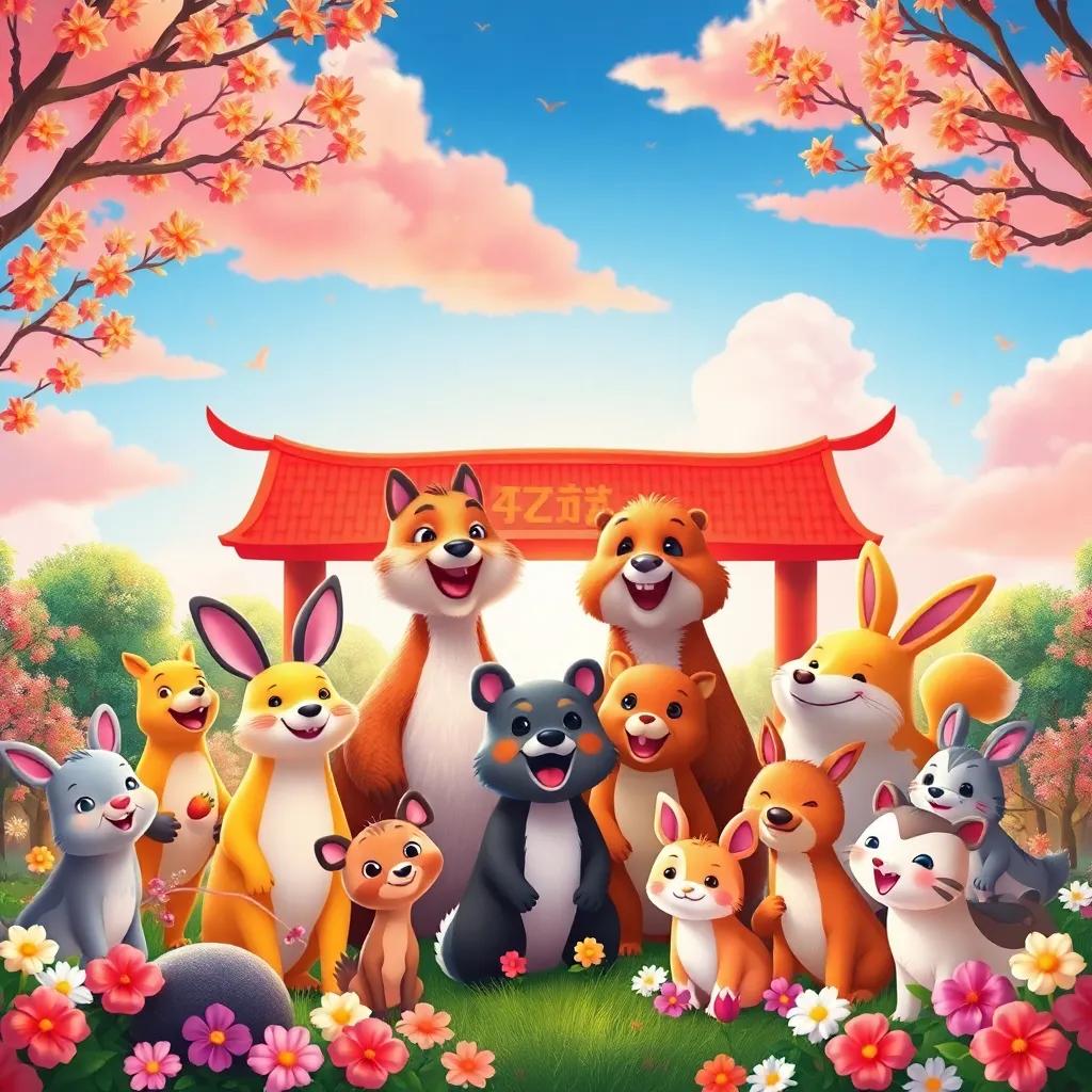A joyful gathering of all forest animals celebrating the spring festival under a colorful sky, with flowers and trees in the background, symbolizing friendship and tradition, digital painting, bright and cheerful