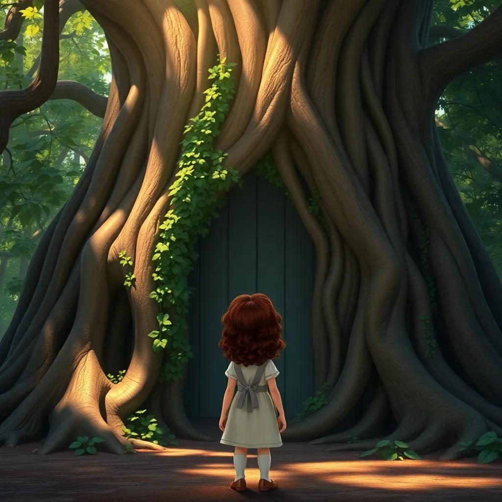 Clara, a young girl with curly brown hair in a simple dress, standing in front of a tall, ancient tree with a door covered in vines, sunlight filtering through the leaves, magical and mysterious, rich colors, high quality
